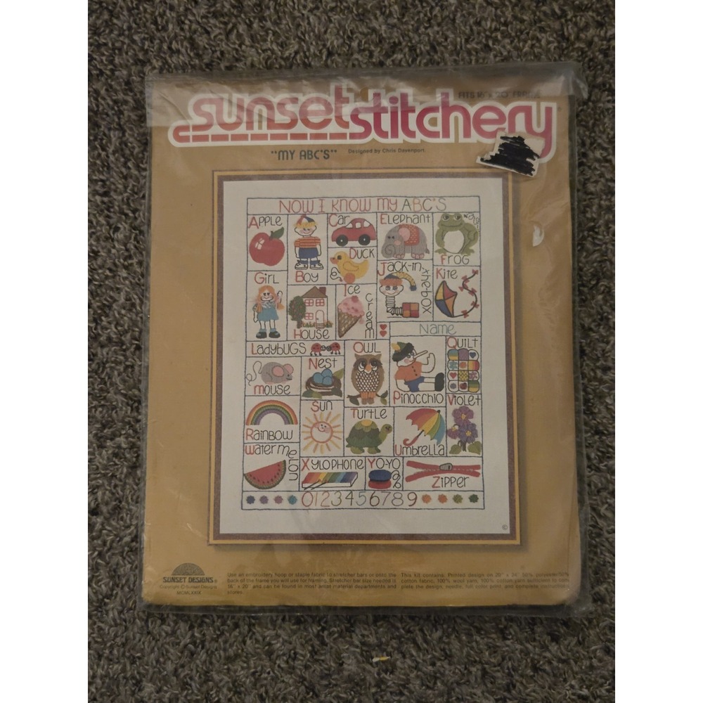 Sunset Stitchery My ABC's Sampler Chris Davenport Sealed 1979 Embroidery Grandma